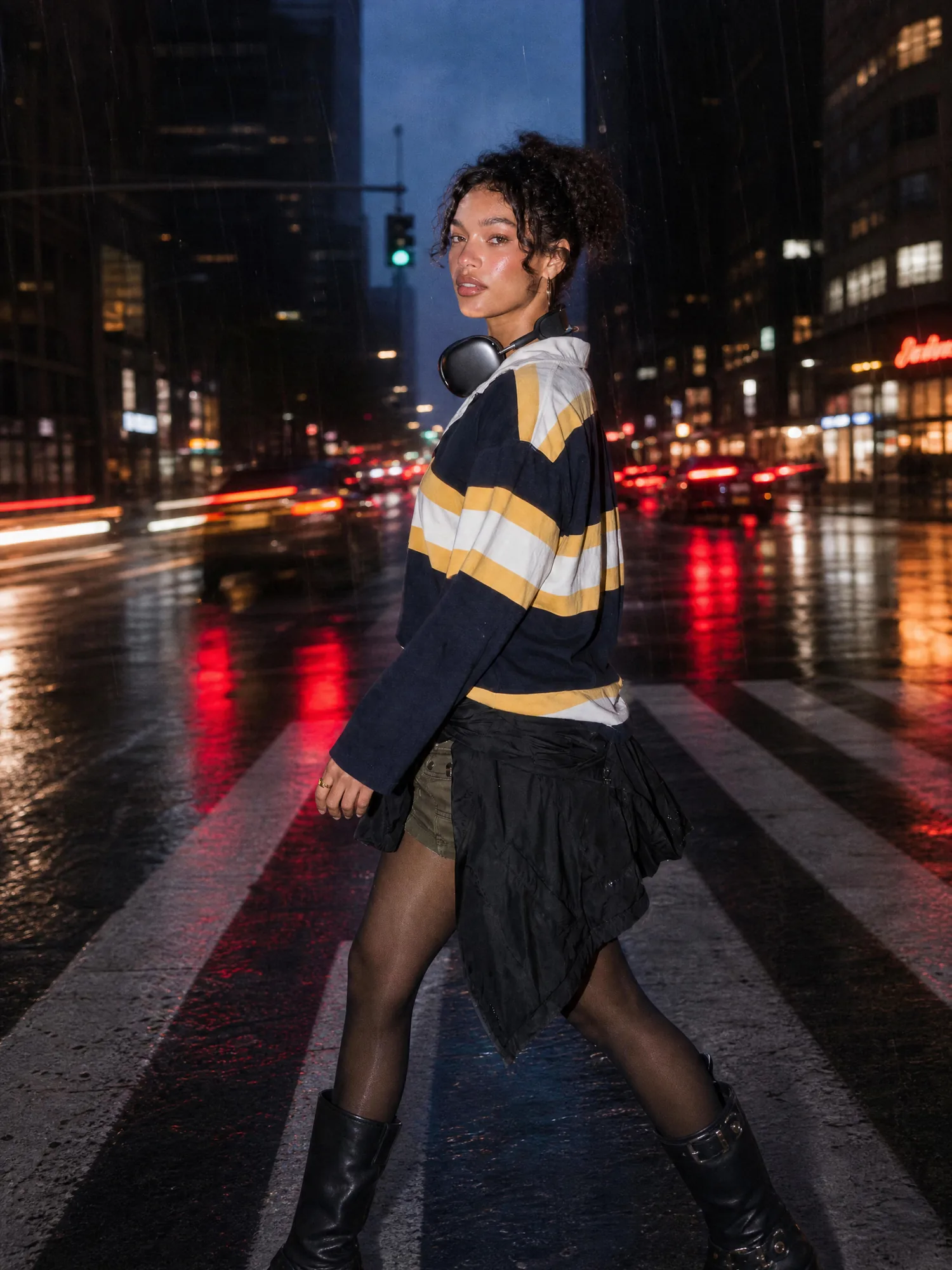 Model in a striped rugby shirt crossing a wet city street at dusk