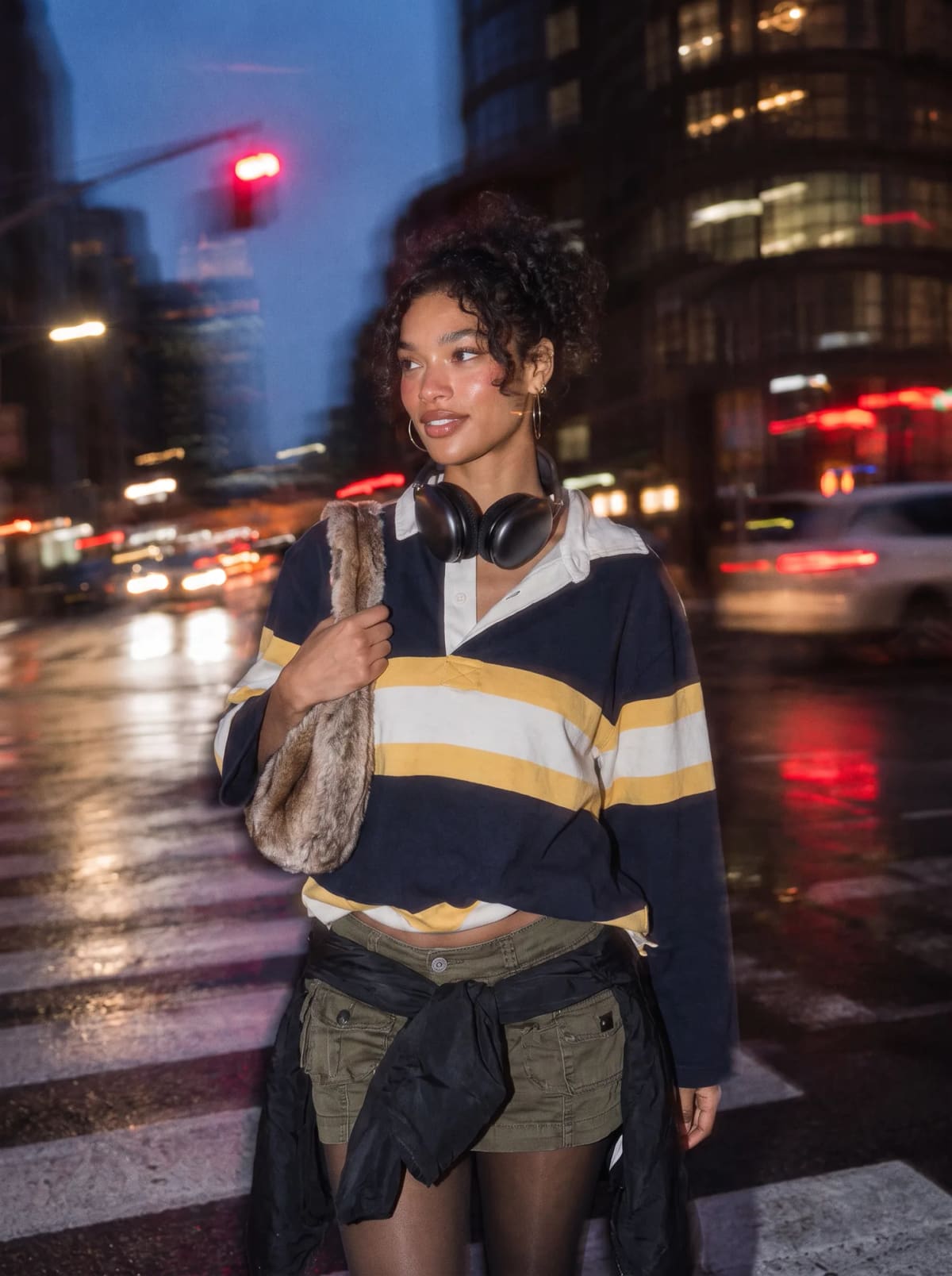 Smiling model with headphones and a faux-fur bag on a crosswalk